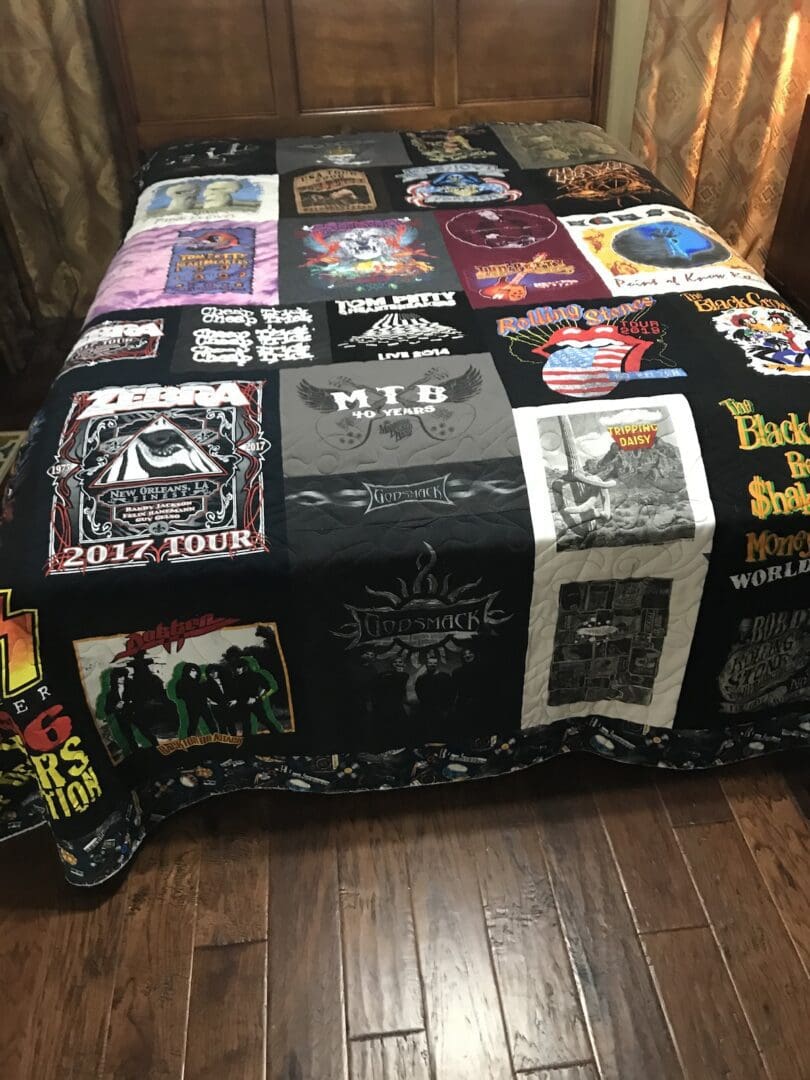 tee quilt rock bedsheet on the bed